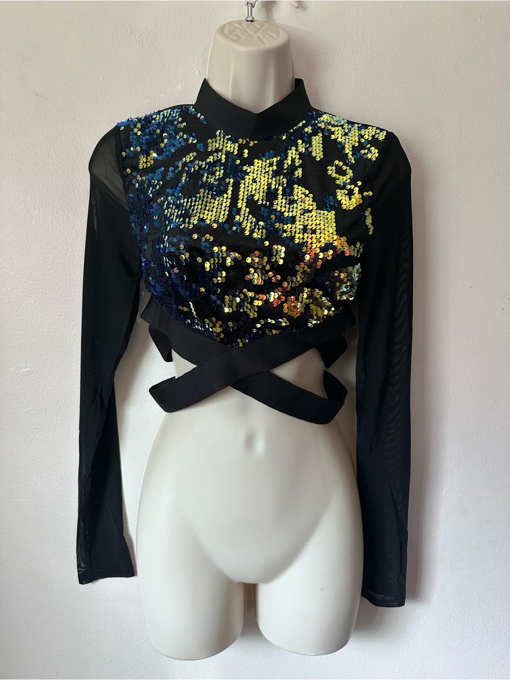 Sequin Crop Wrap Top - Black with Iridescent Blue-Green Sequins
